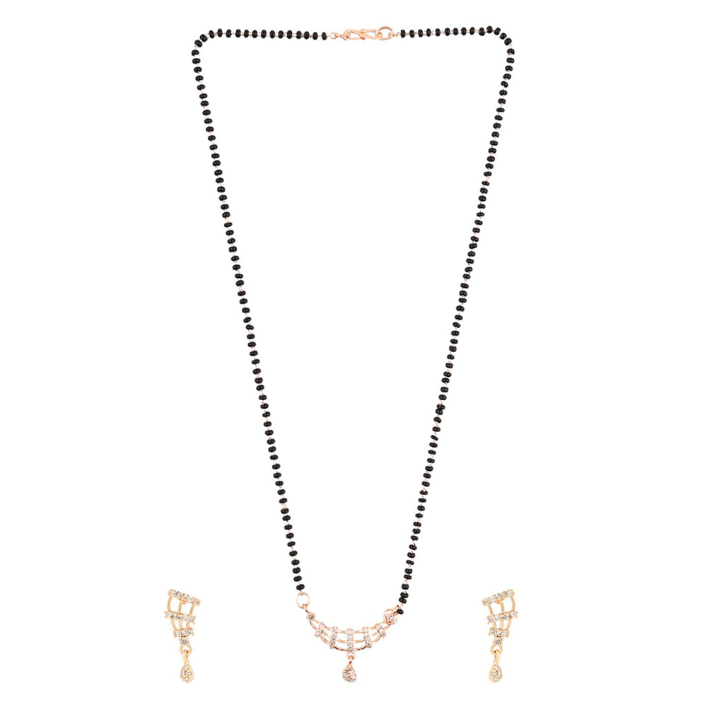 Etnico 18k Rose Gold Plated Traditional Single Line American Diamond Pendant with Black Bead Chain Mangalsutra for Women (D102)