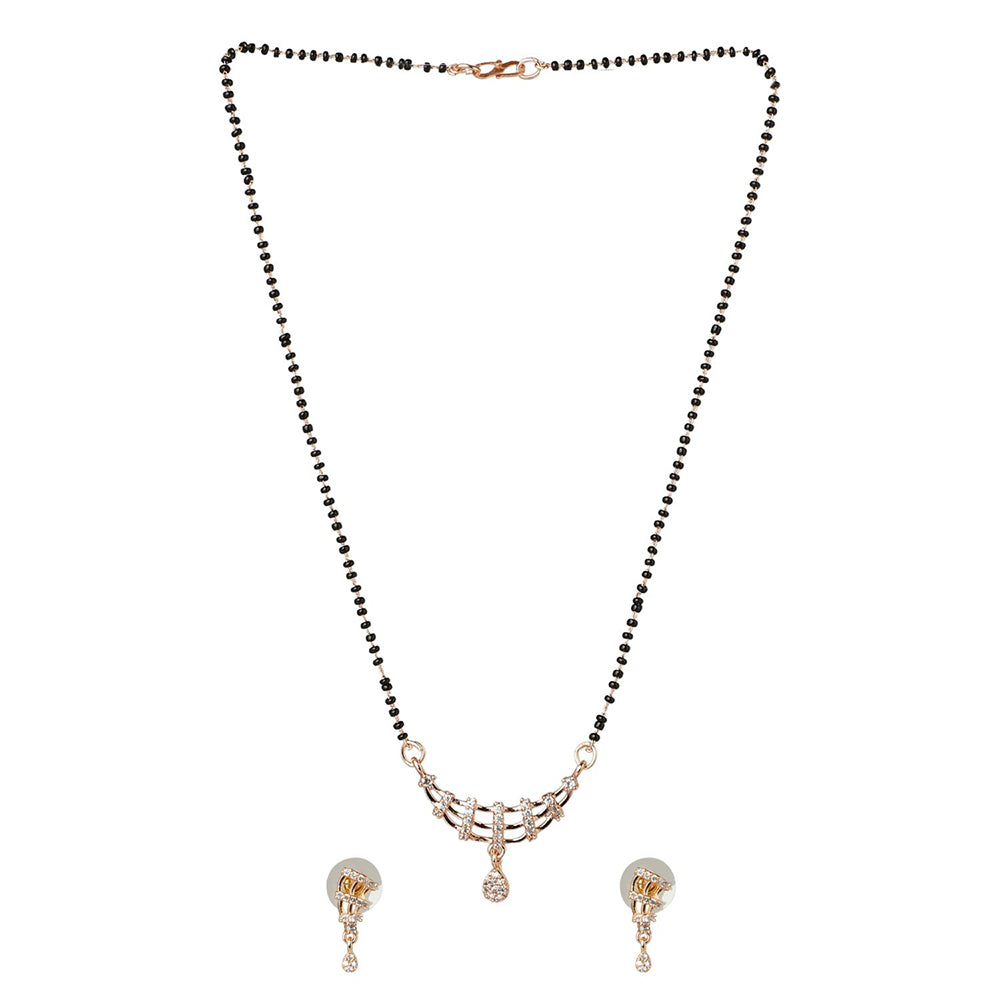 Etnico 18k Rose Gold Plated Traditional Single Line American Diamond Pendant with Black Bead Chain Mangalsutra for Women (D102)