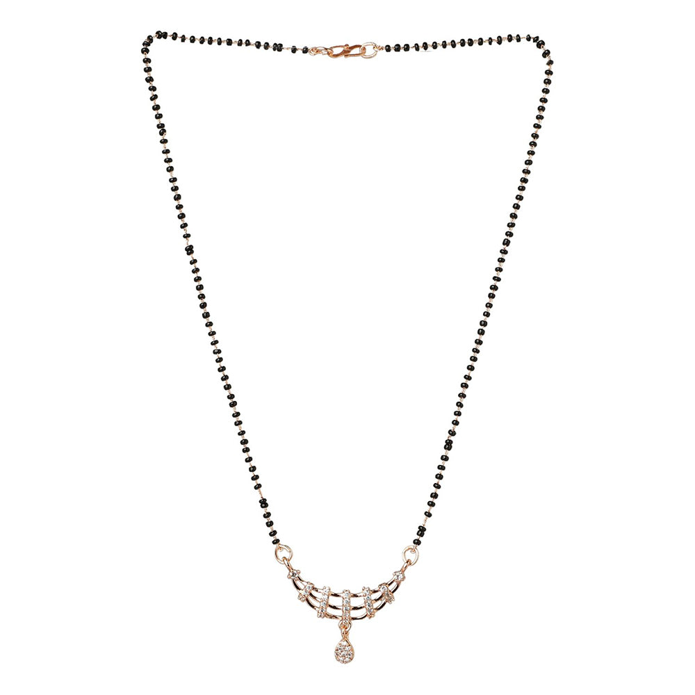 Etnico 18k Rose Gold Plated Traditional Single Line American Diamond Pendant with Black Bead Chain Mangalsutra for Women (D102)