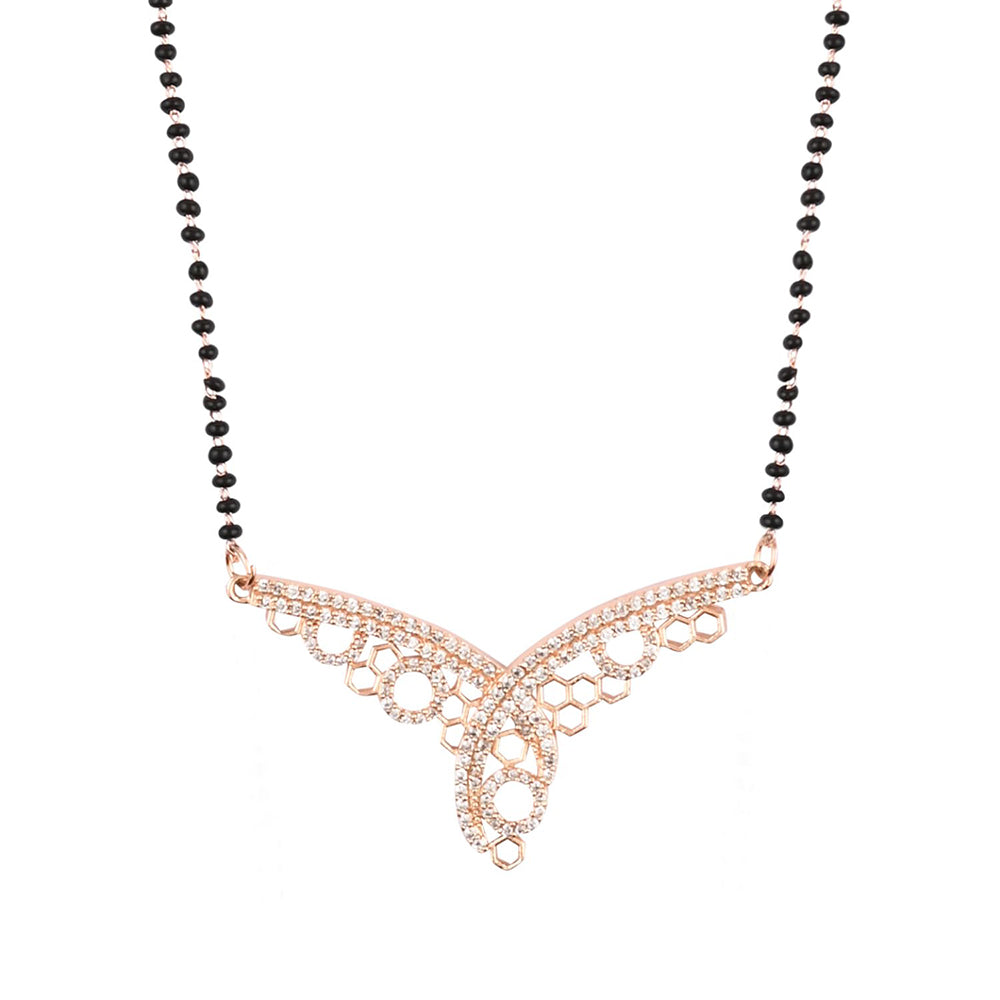 Etnico 18k Rose Gold Plated Traditional Single Line American Diamond Pendant with Black Bead Chain Mangalsutra for Women (D103)