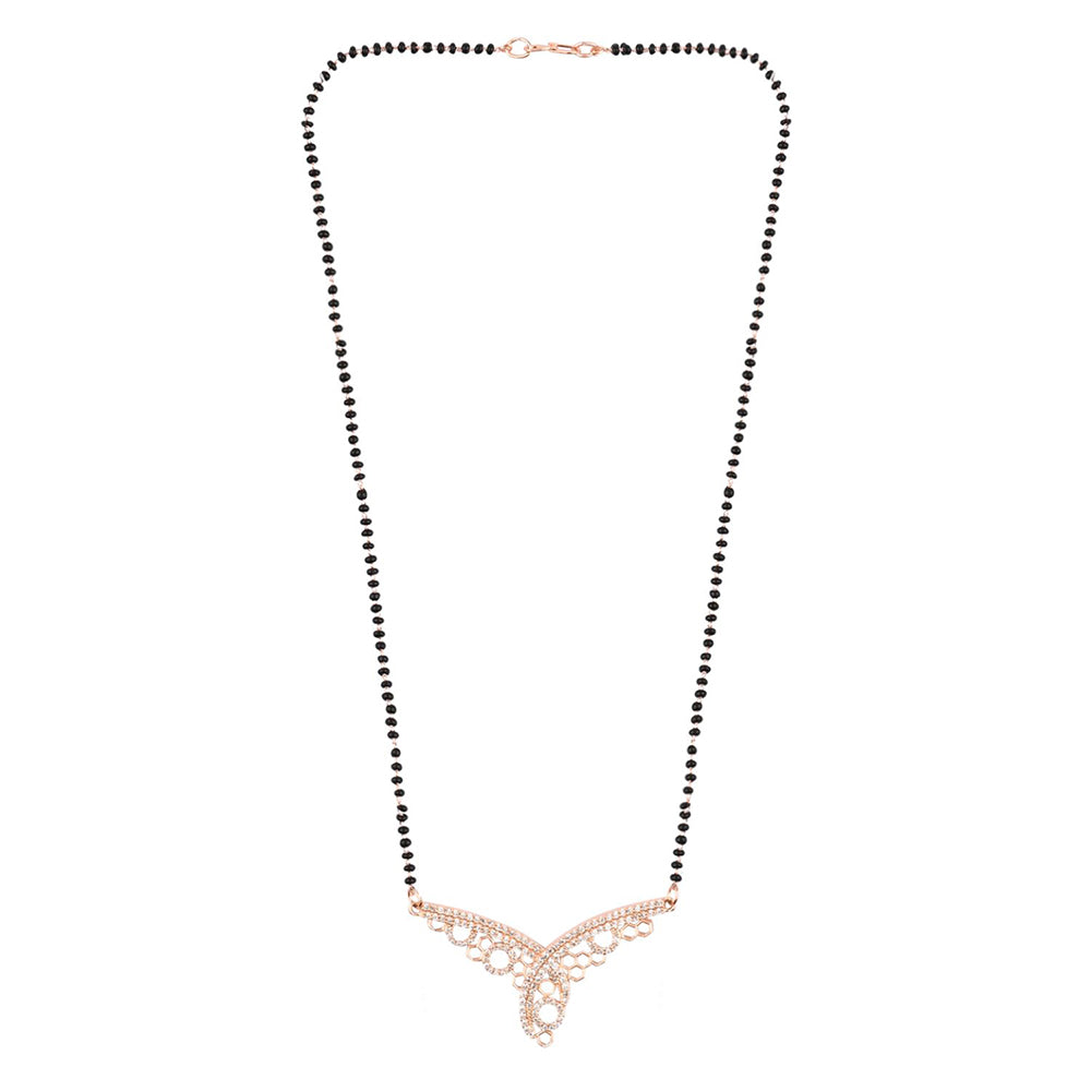 Etnico 18k Rose Gold Plated Traditional Single Line American Diamond Pendant with Black Bead Chain Mangalsutra for Women (D103)