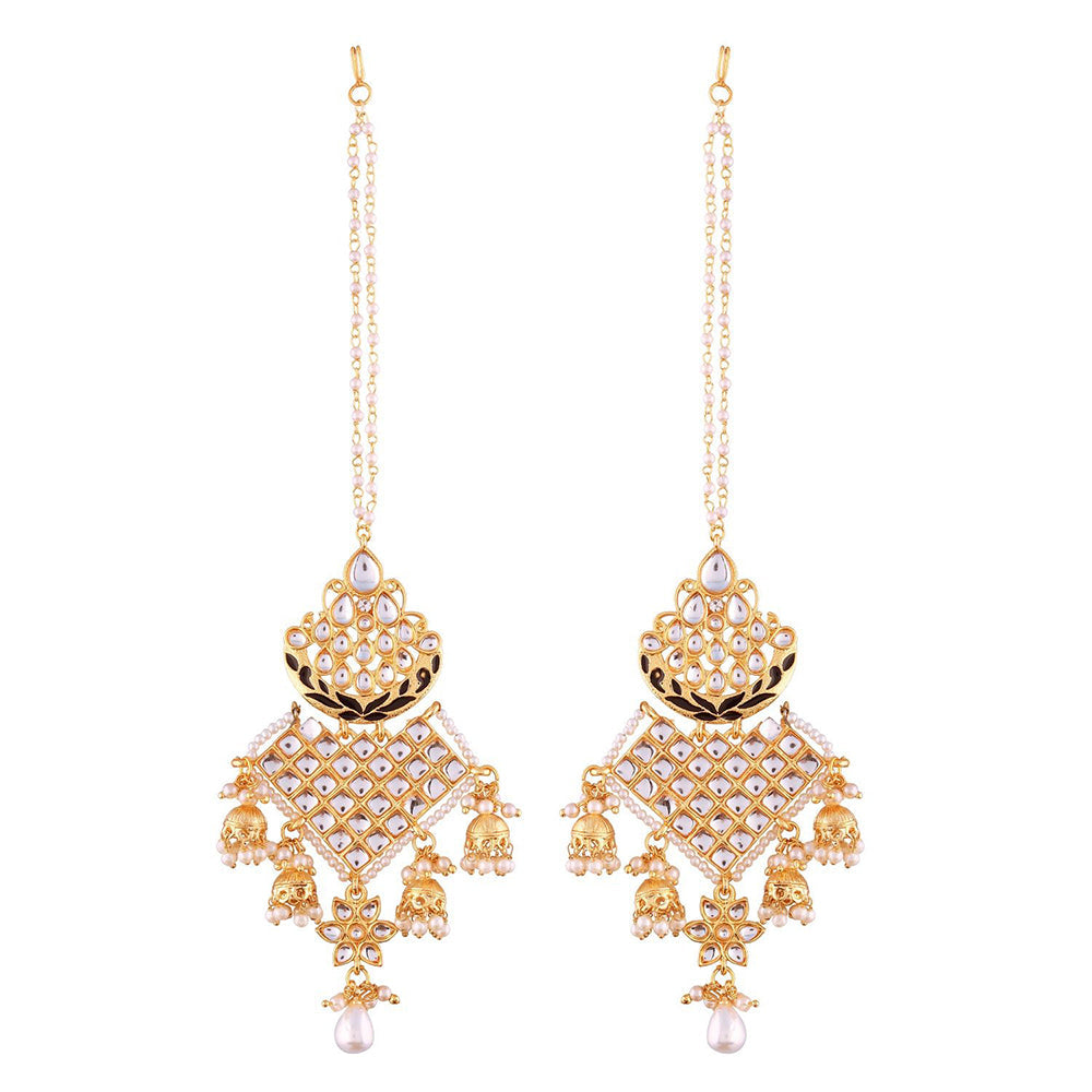Etnico 18K Gold Plated Intricately Designed Traditional Earrings with Hair Chain Encased With Kundans & Pearls (E2463B)