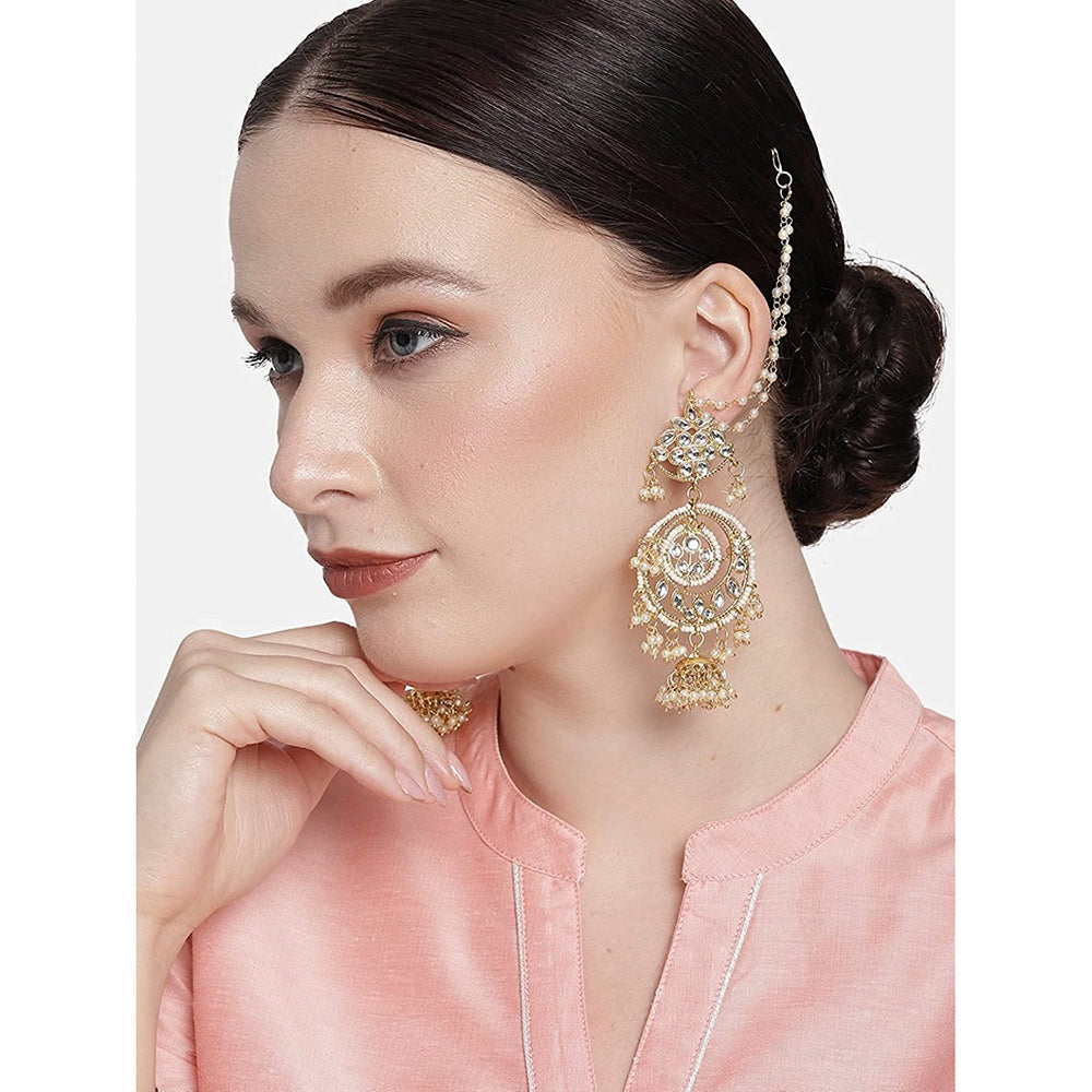 Etnico 18K Gold Plated Intricately Designed Traditional Earrings with Hair Chain Encased With Kundans & Pearls (E2466W)
