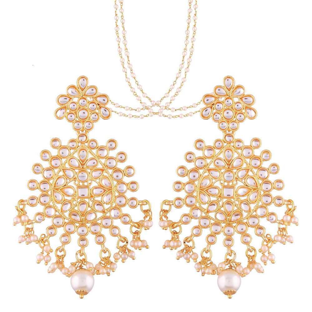 Etnico Traditional Gold Plated Big Earrings Encased With Faux Kundans & Attached With Hair Chain for Women/Girls (E2497W)