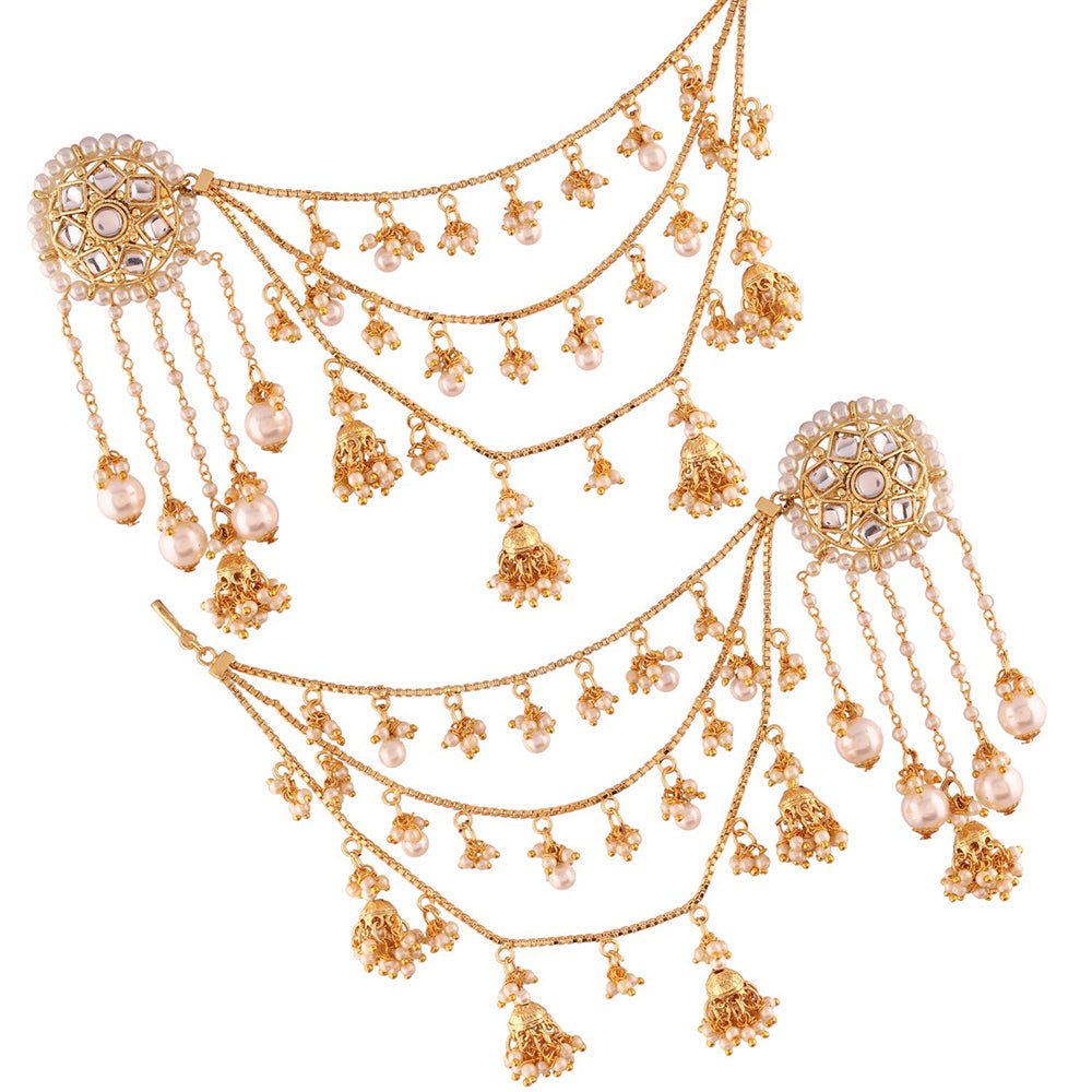 Etnico Gold Plated Kundan & Pearl Earring with Chain for Women (E2620FL)