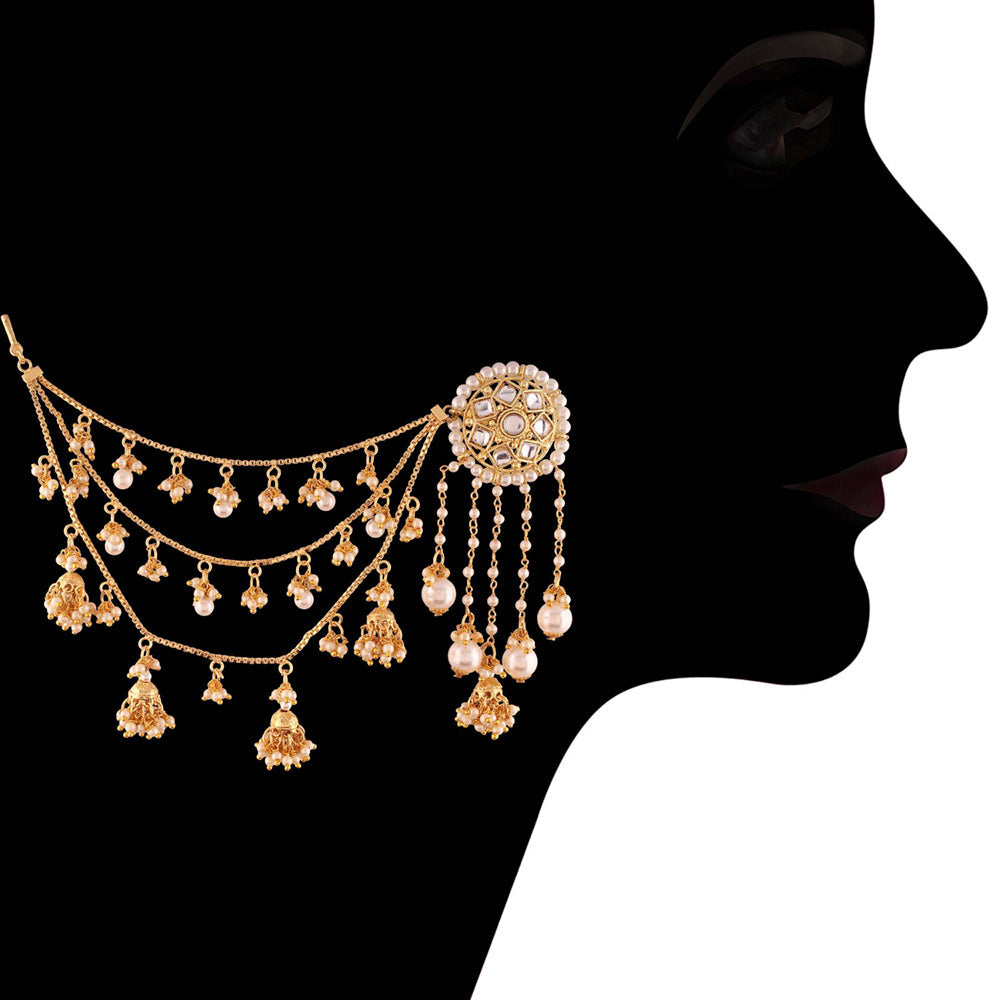Etnico Gold Plated Kundan & Pearl Earring with Chain for Women (E2620FL)