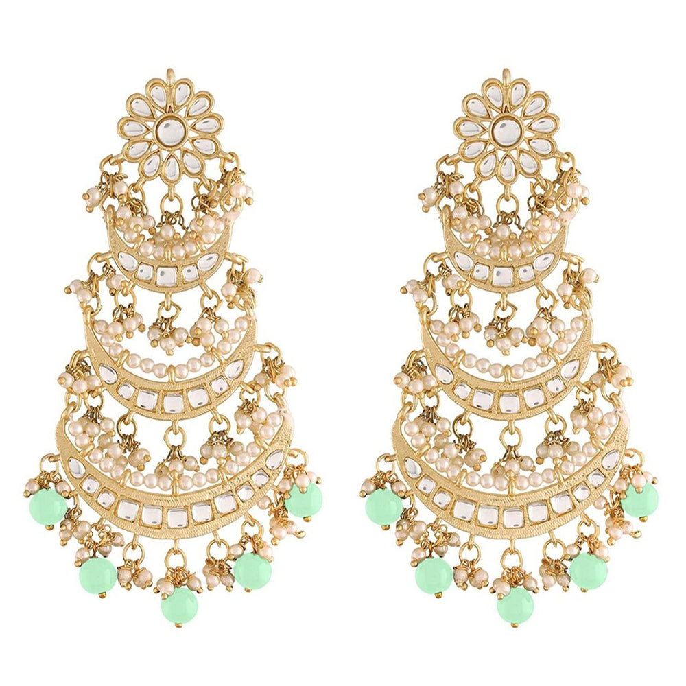 Etnico 18k Gold Plated 3 Layered Beaded Chandbali Earrings with Kundan and Pearl Work for Women (E2859-1) (Mint)