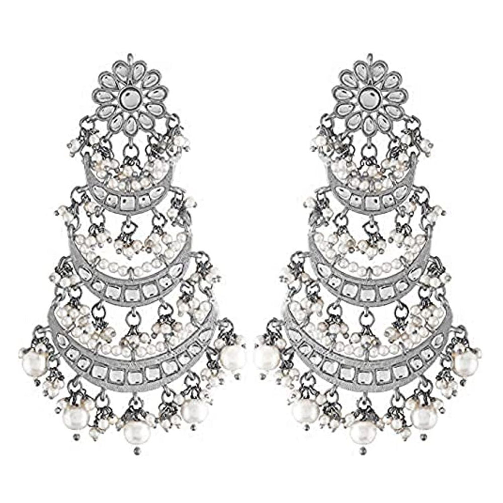 Etnico 18k Silver Oxidised 3 Layered Chandbali Earrings with Kundan and Pearl Work for Women (E2859OX)