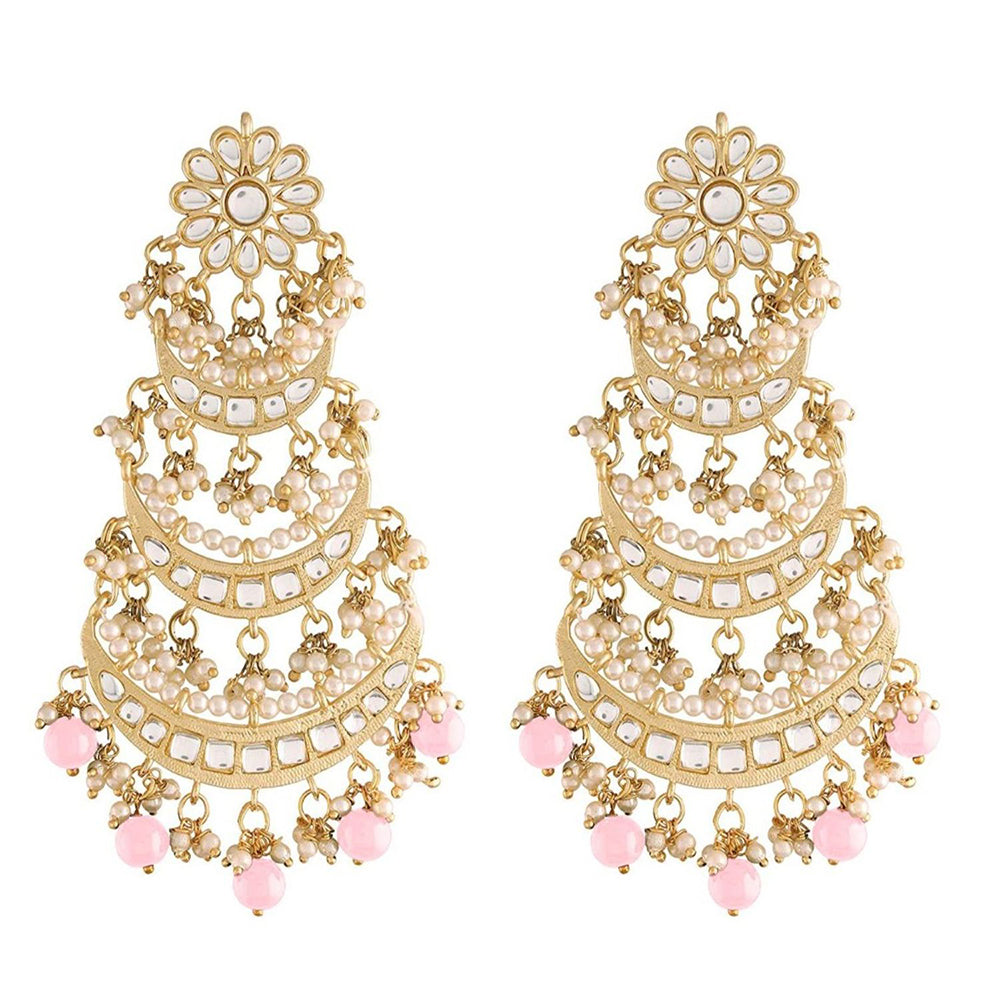 Etnico 18k Gold Plated 3 Layered Beaded Chandbali Earrings with Kundan and Pearl Work for Women (E2859-1) (Pink)