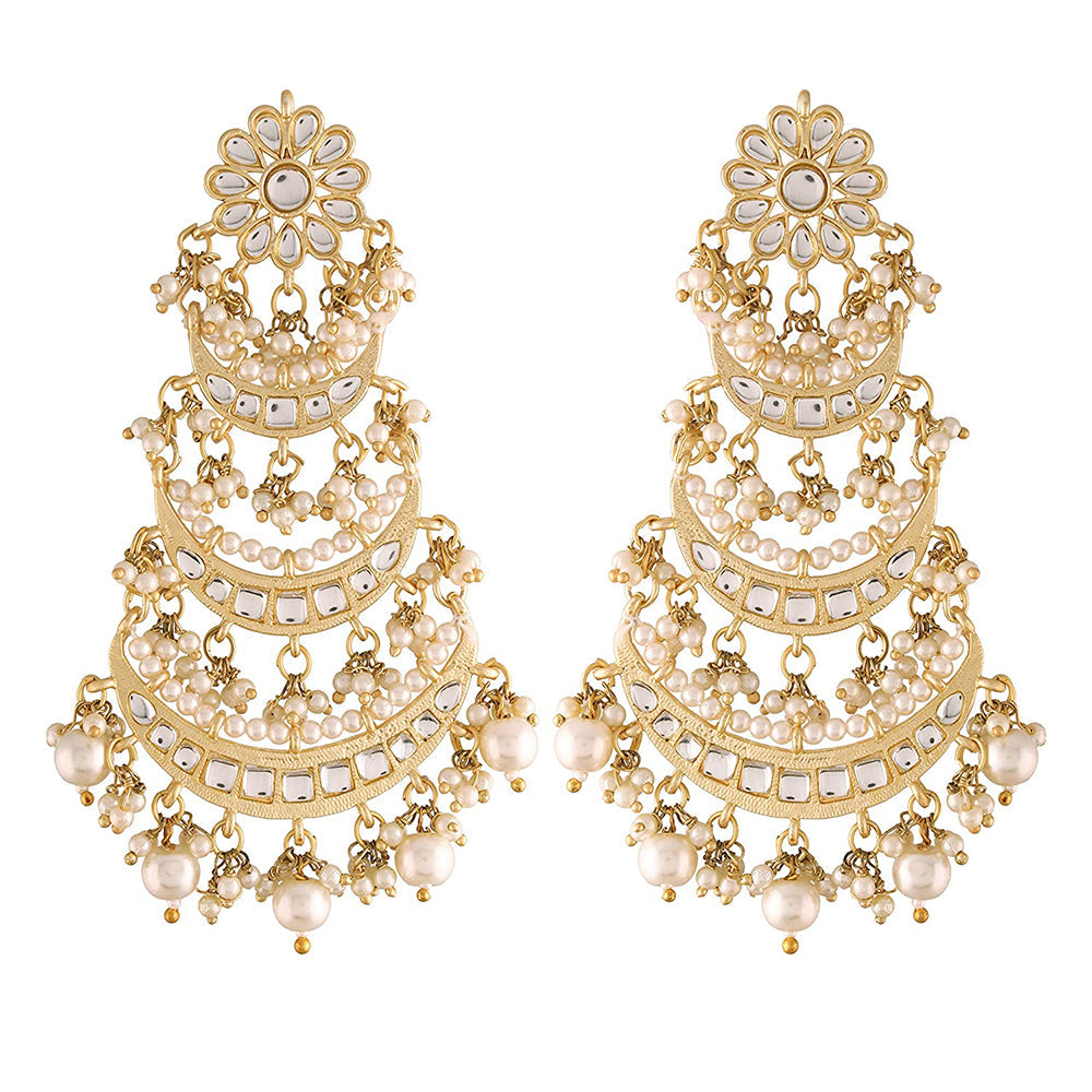 Etnico 18k Gold Plated 3 Layered Beaded Chandbali Earrings with Kundan and Pearl Work for Women (E2859)