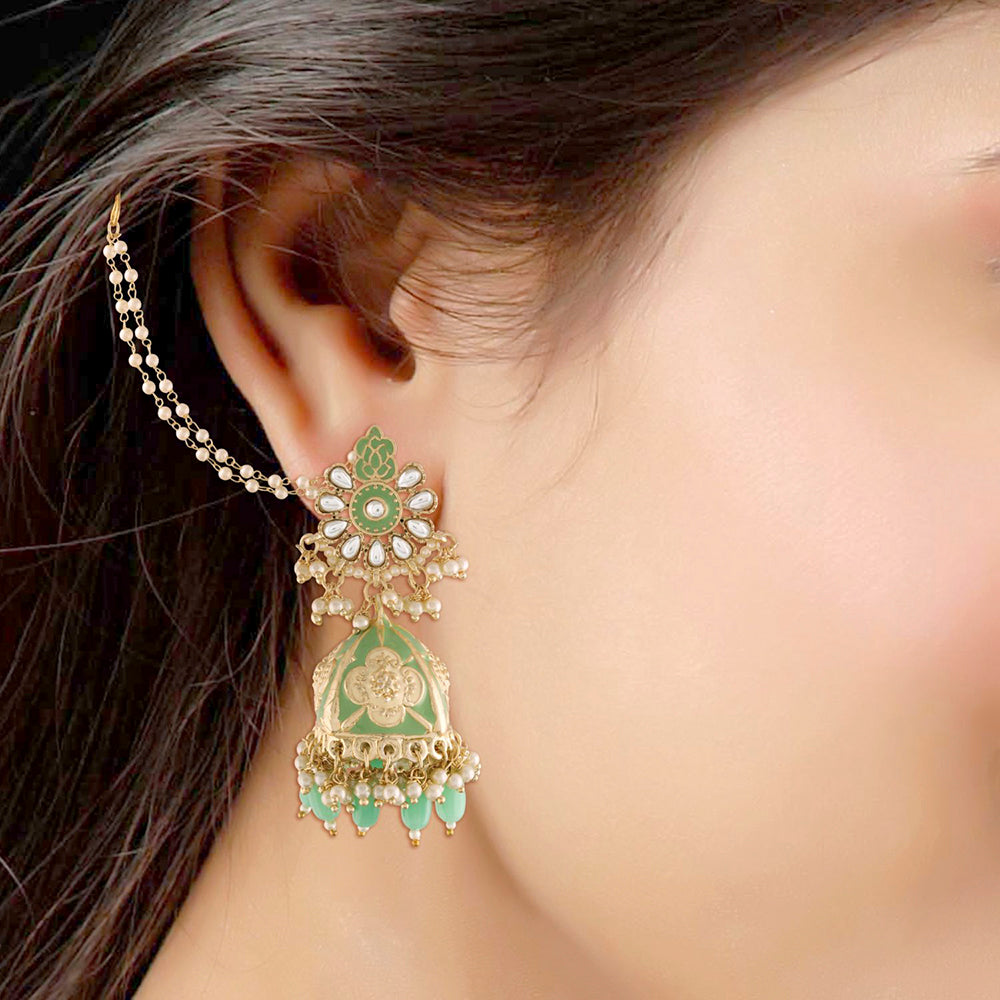EtnicoWomen's 18K Gold Plated Intricately Designed Traditional with Detachable Hair Chain Encased with Kundans and Pearls Alloy Jhumka Earrings (E2907Min)