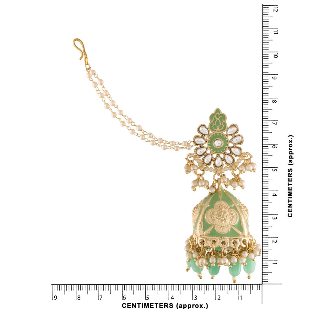 EtnicoWomen's 18K Gold Plated Intricately Designed Traditional with Detachable Hair Chain Encased with Kundans and Pearls Alloy Jhumka Earrings (E2907Min)
