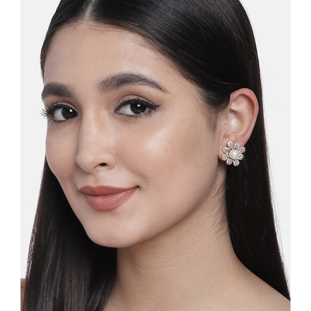 Etnico Valentine's Special Rose Gold-Plated & White Floral Studs Earrings for Women (E2974)