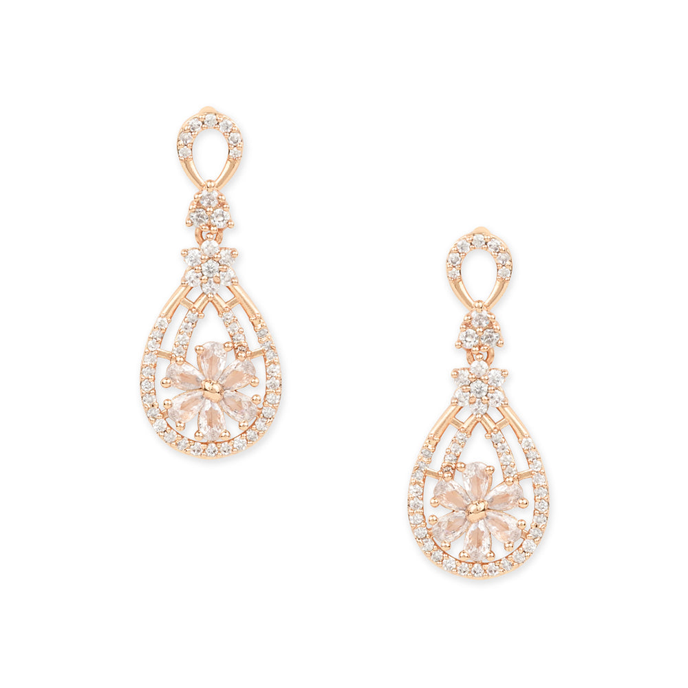 Etnico Valentine's Special Rose Gold Plated & White AD Studded Drop Earrings for Women (E2976)