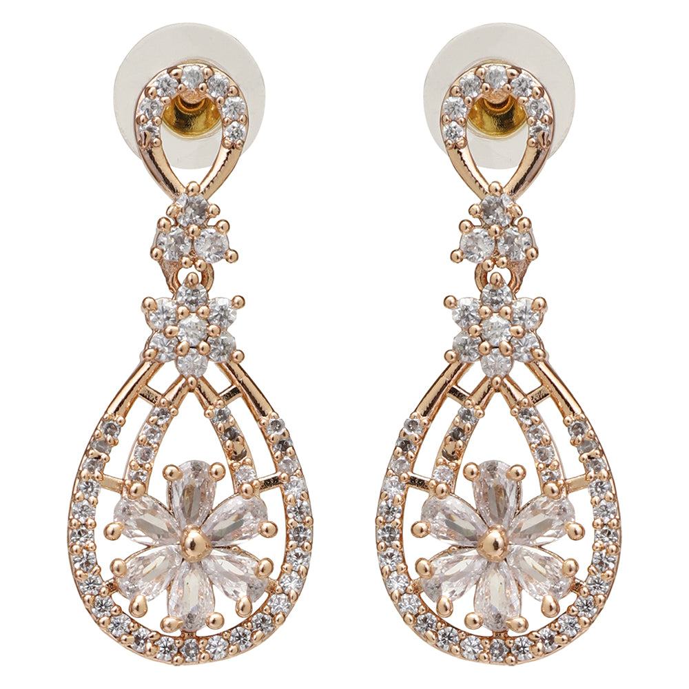 Etnico Valentine's Special Rose Gold Plated & White AD Studded Drop Earrings for Women (E2976)