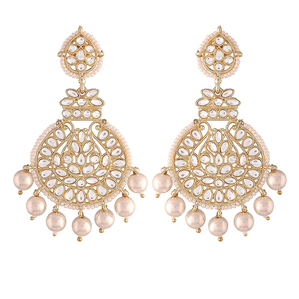 Etnico Women's Gold Plated Intricately Designed Traditional Beaded Chandbali Earrings Glided with Kundans and Pearls (E3001W)