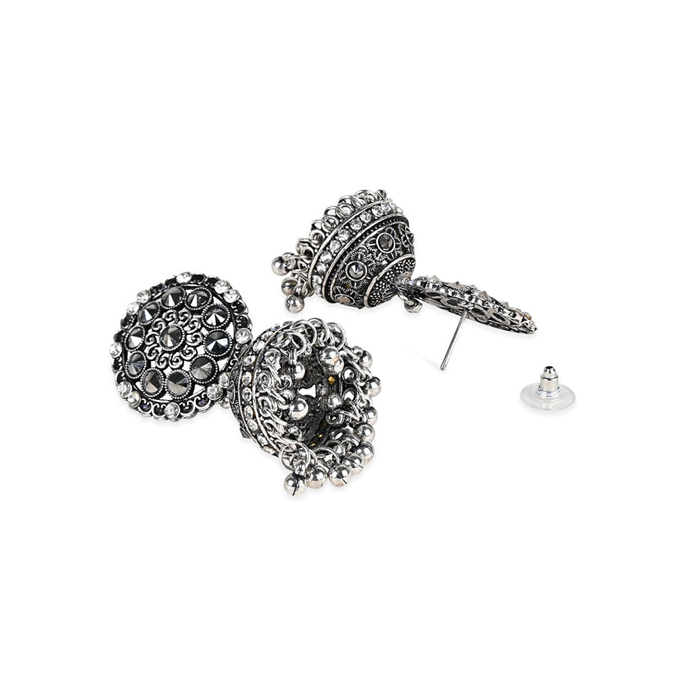 Etnico Silver Oxidised Traditional Kundan & Stone Studded Jhumka Earrings For Women (E3062OX)
