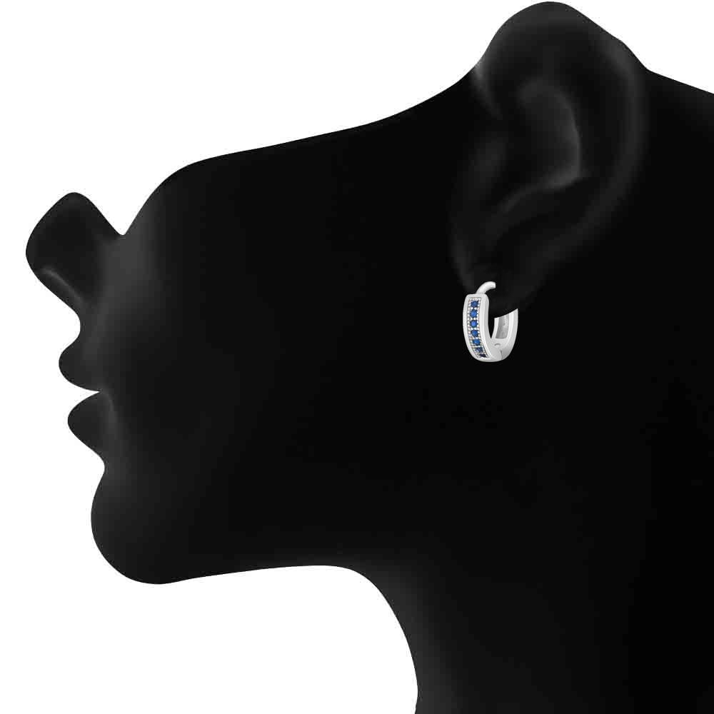 Mahi Rhodium plated Small Single line Blue CZ stone Huggies Hoops Earrings for Women