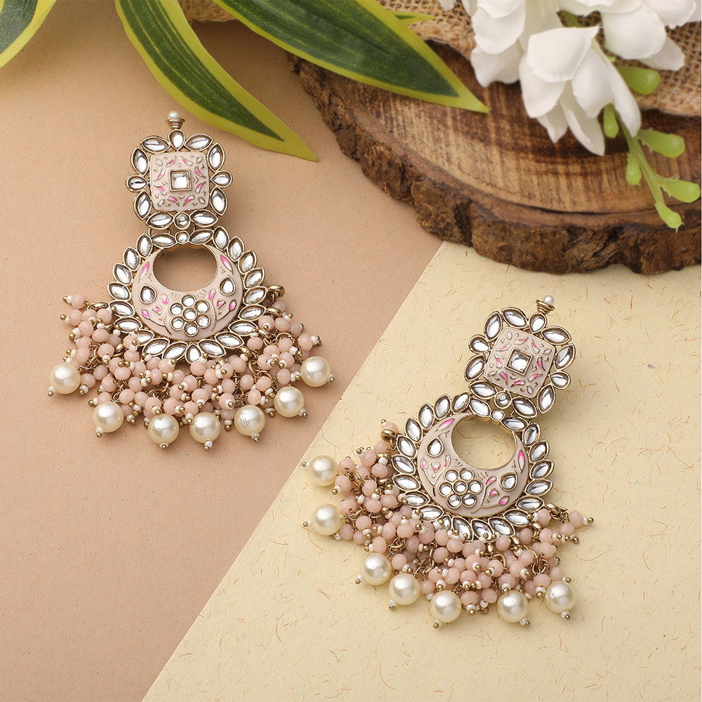Mahi Light Pink Meenakari Work Floral Chandbali Traditional Dangler Earrings with Crystals and Beads for Women (ER11098133GLPin)