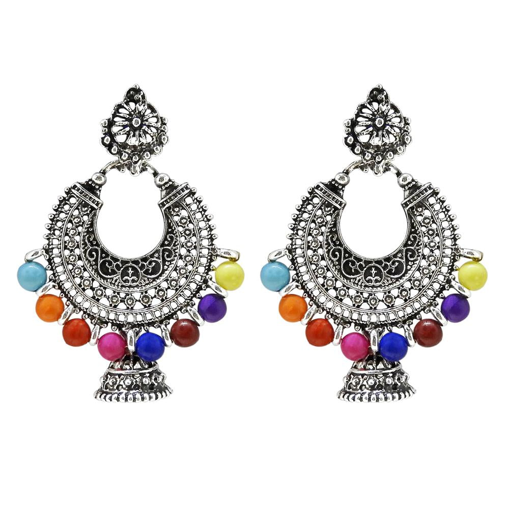 Jeweljunk Rhodium Plated Multi Beads Chandbali Earring - 1311007B