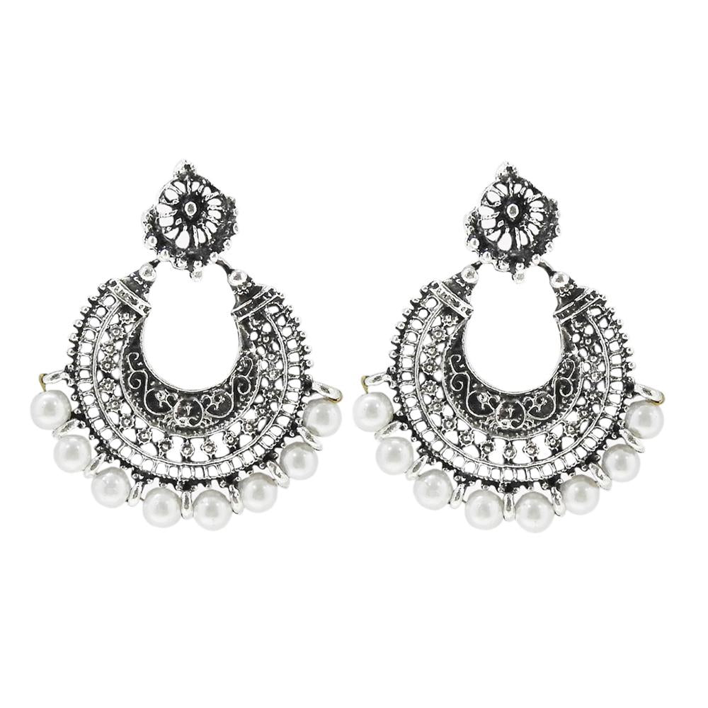 Jeweljunk Rhodium Plated White Beads Chandbali Earrings - 1311008B