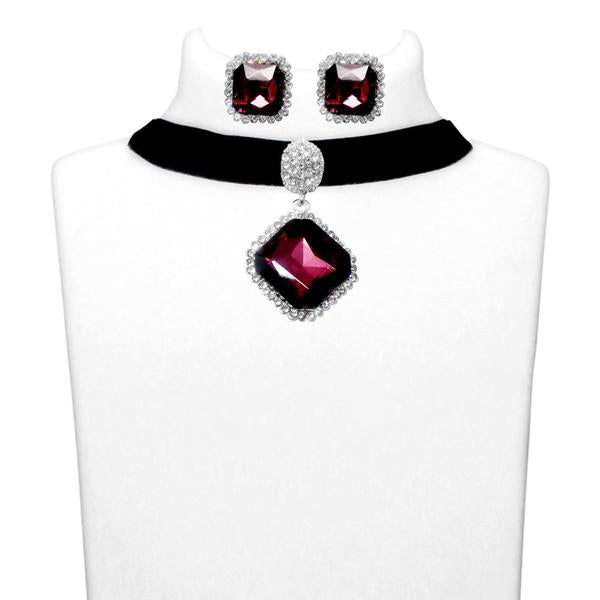 Jeweljunk Purple Stone Silver Plated Choker Necklace Set - 1108701A