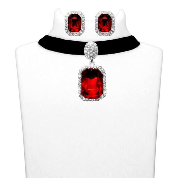 Jeweljunk Red Stone Silver Plated Choker Necklace Set - 1108701B