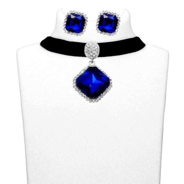 Jeweljunk Blue Stone Silver Plated Choker Necklace Set - 1108701D