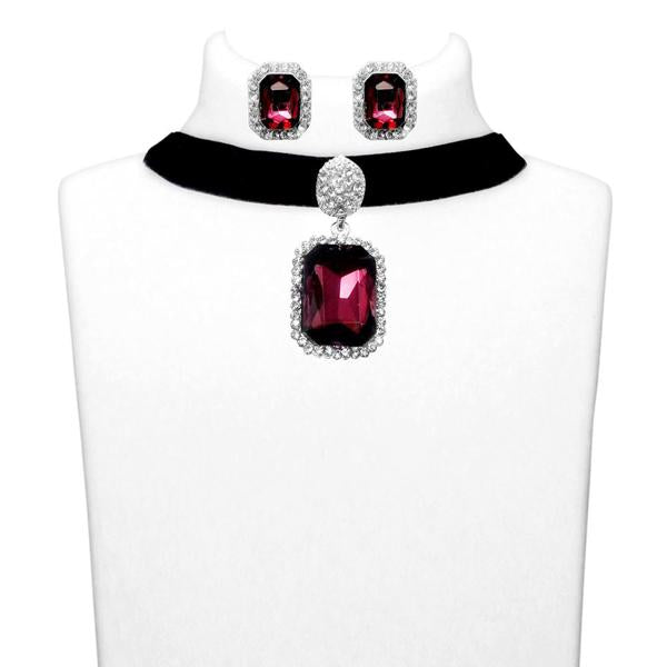 Jeweljunk Purple Stone Silver Plated Choker Necklace Set - 1108702A