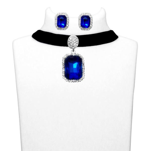 Jeweljunk Blue Stone Silver Plated Choker Necklace Set - 1108702D