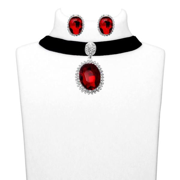 Jeweljunk Red Stone Silver Plated Choker Necklace Set - 1108704B