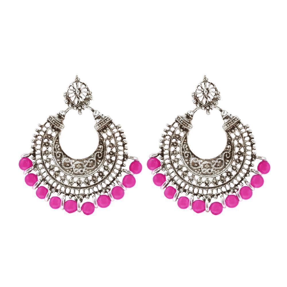 Jeweljunk Pink Beads Silver Plated Afghani Earrings - 1311025I