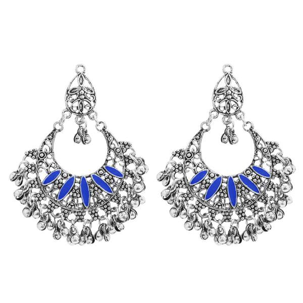 Jeweljunk Blue Meenakari Rhodium Plated Afghani Earrings - 1311029A