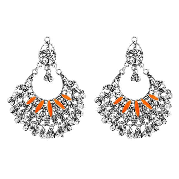 Jeweljunk Orange Meenakari Rhodium Plated Afghani Earrings - 1311029F