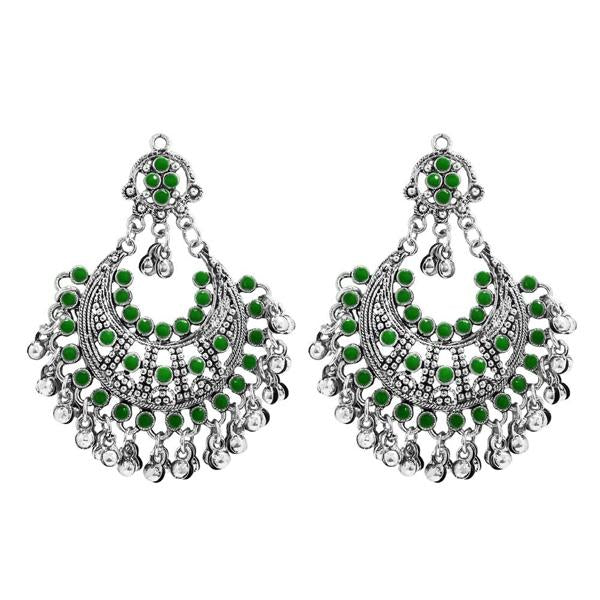Jeweljunk Green Pota Stone Rhodium Plated Afghani Earrings - 1311030D