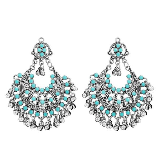 Jeweljunk Blue Pota Stone Rhodium Plated Afghani Earrings - 1311030H