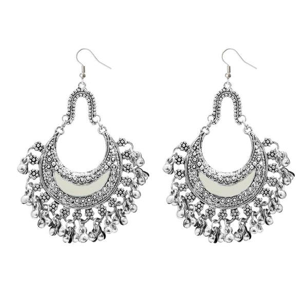 Jeweljunk White Meenakari Rhodium Plated Afghani Earrings - 1311033G