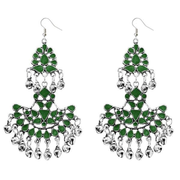 Jeweljunk Green Meenakari Rhodium Plated Afghani Earrings - 1311039D