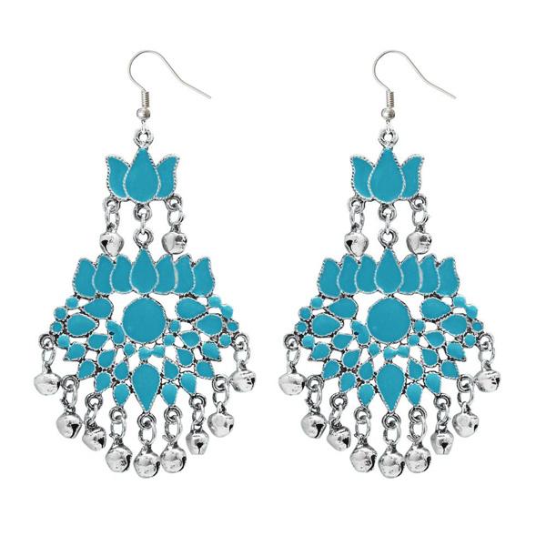 Jeweljunk Rhodium Plated Blue Meenakari Afghani Earrings - 1311040D