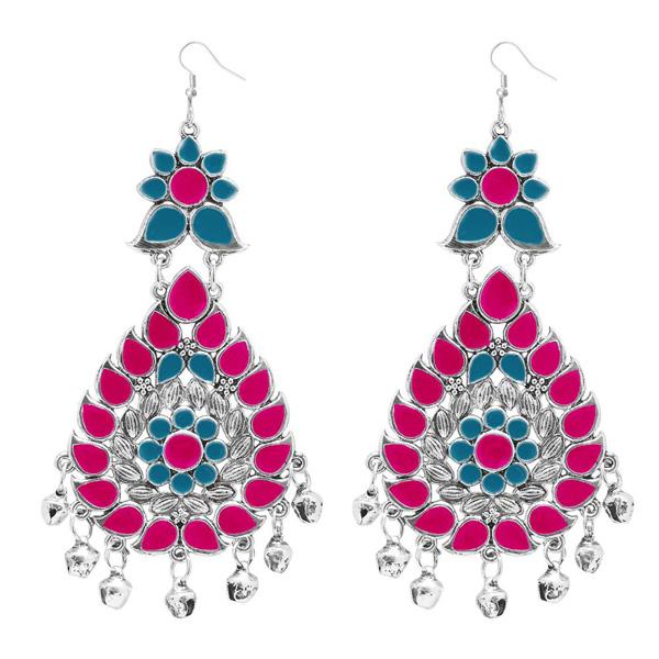 Jeweljunk Pink & Blue Meenakari Afghani Dangler Earrings - 1311060H