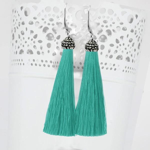 Jeweljunk Rhodium Plated Stone & Green Thread Tassel Earring - 1310932D