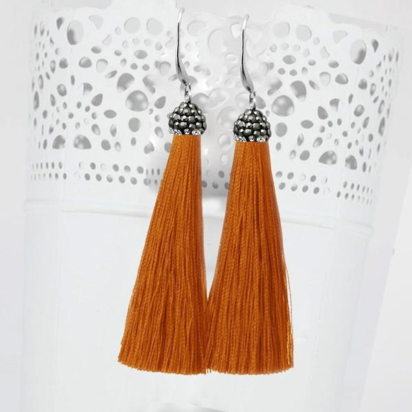 Jeweljunk Rhodium Plated Stone & Orange Thread Earrings - 1310932N