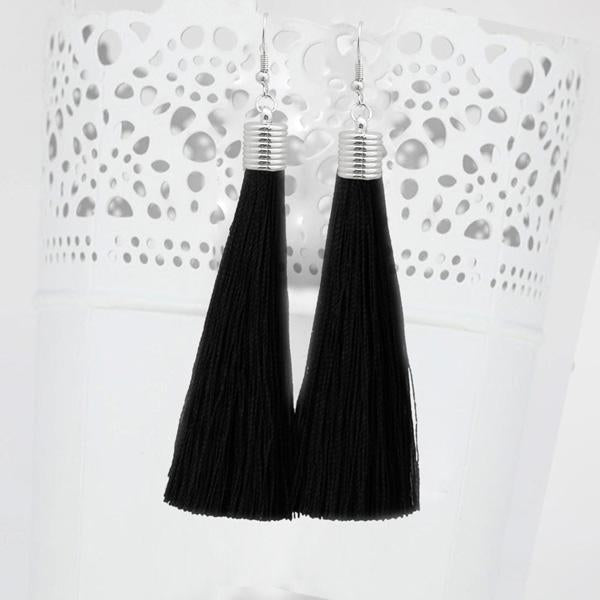 Jeweljunk Black Thread Rhodium Plated Tassel Earrings - 1310935B