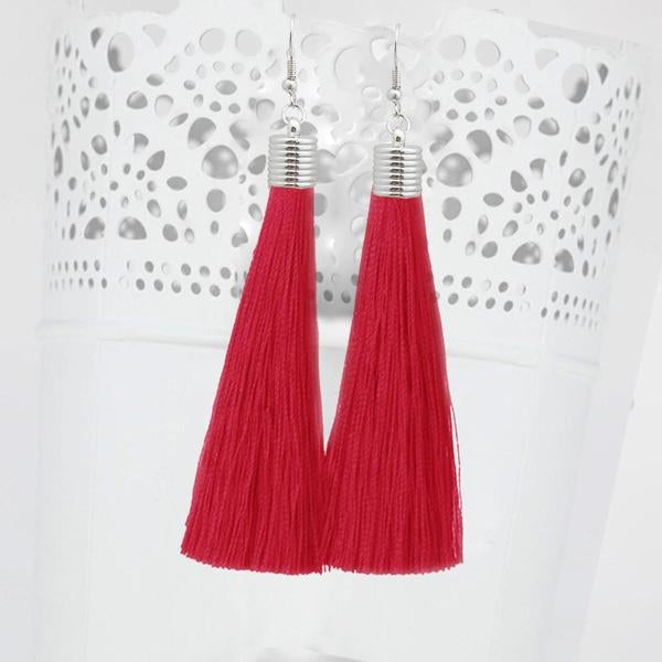 Jeweljunk Red Thread Rhodium Plated Tassel Earrings - 1310935D