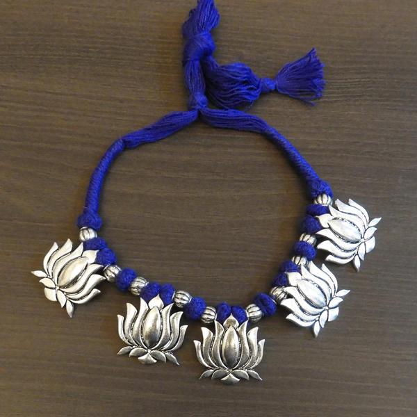 Jeweljunk Lotus Design Blue Thread Tribal Necklace - 1111501C
