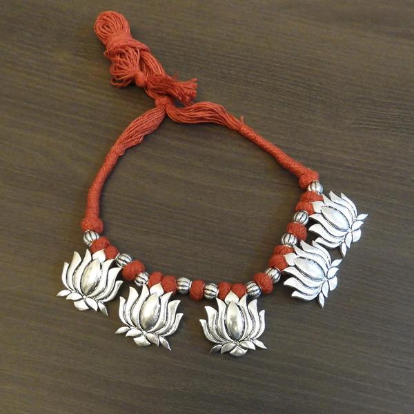 Jeweljunk Silver Plated Thread Lotus Design Tribal Necklace - 1111501D