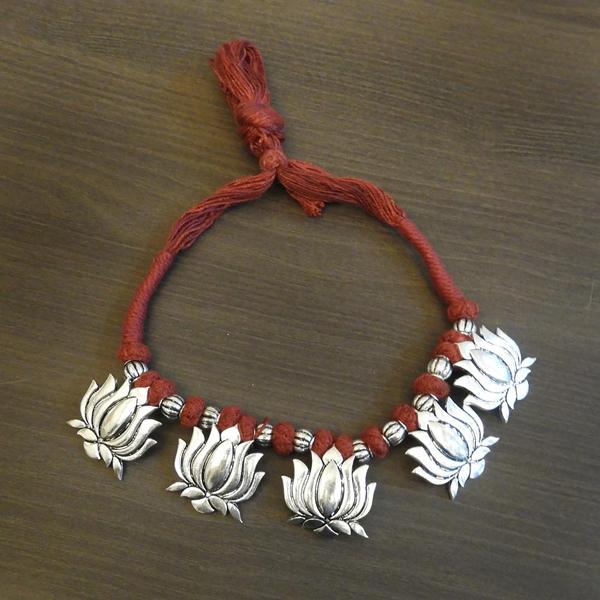 Jeweljunk Lotus Design Brown Thread Tribal Necklace - 1111501E