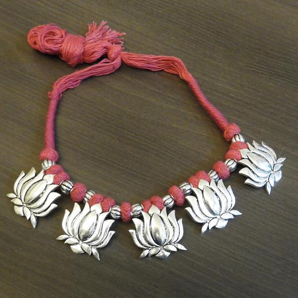 Jeweljunk Thread Silver Plated Lotus Design Tribal Necklace - 1111501H