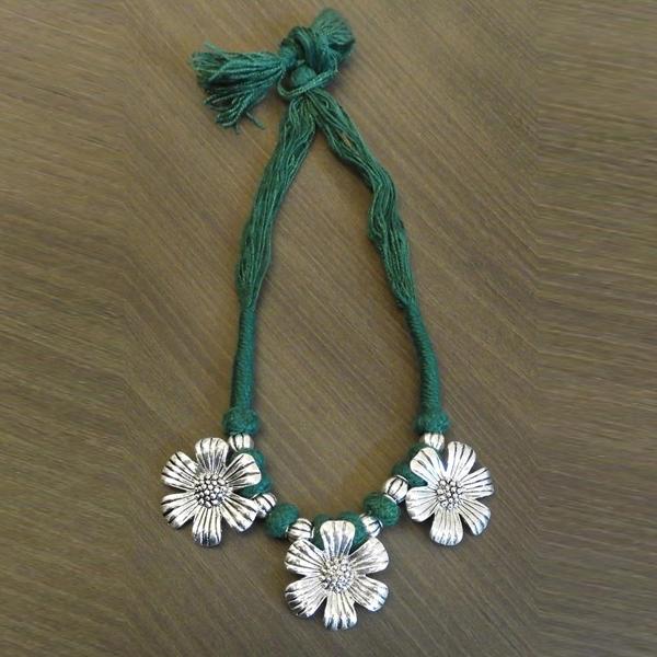 Jeweljunk Silver Plated Floral Design Thread Tribal Necklace - 1111502F