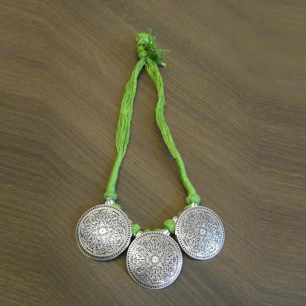 Jeweljunk Green Thread Silver Plated Tribal Necklace - 1111505F